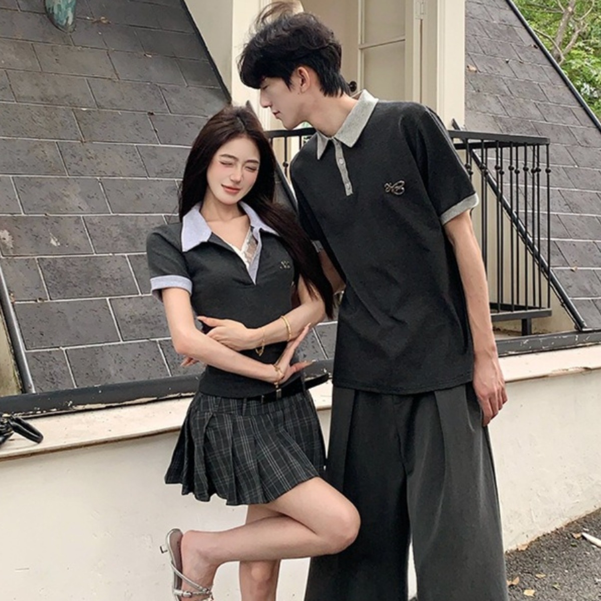 カップルペアルック クラシックグレー バイカラーポロトップス